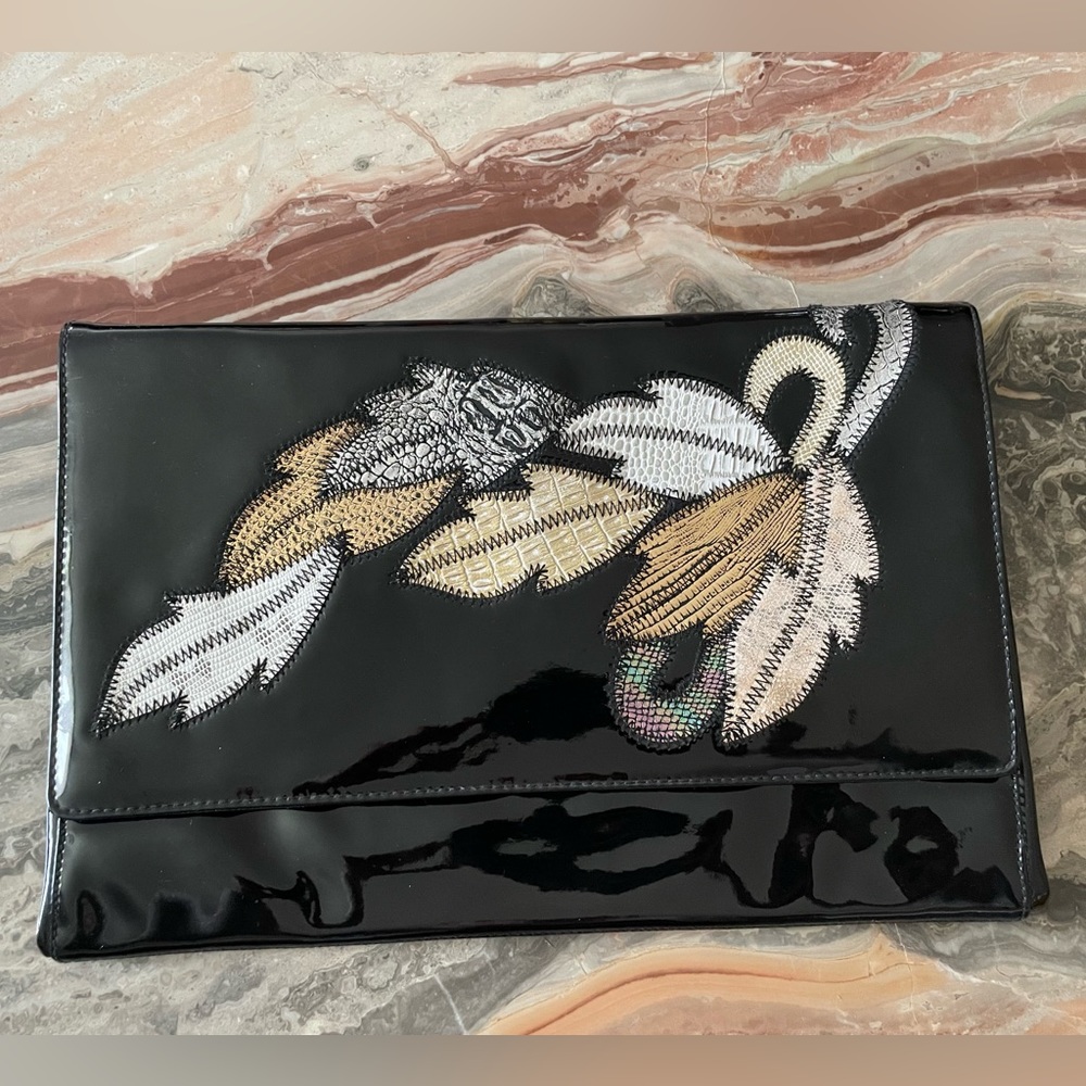Vintage 80s black patent oversized clutch with metallic appliqué